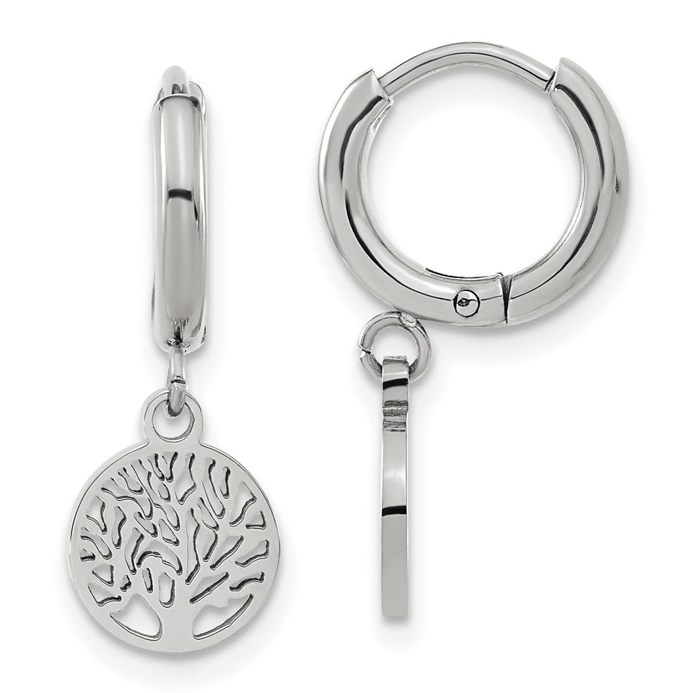 Stainless Steel Polished Tree Dangle Hoop Earring