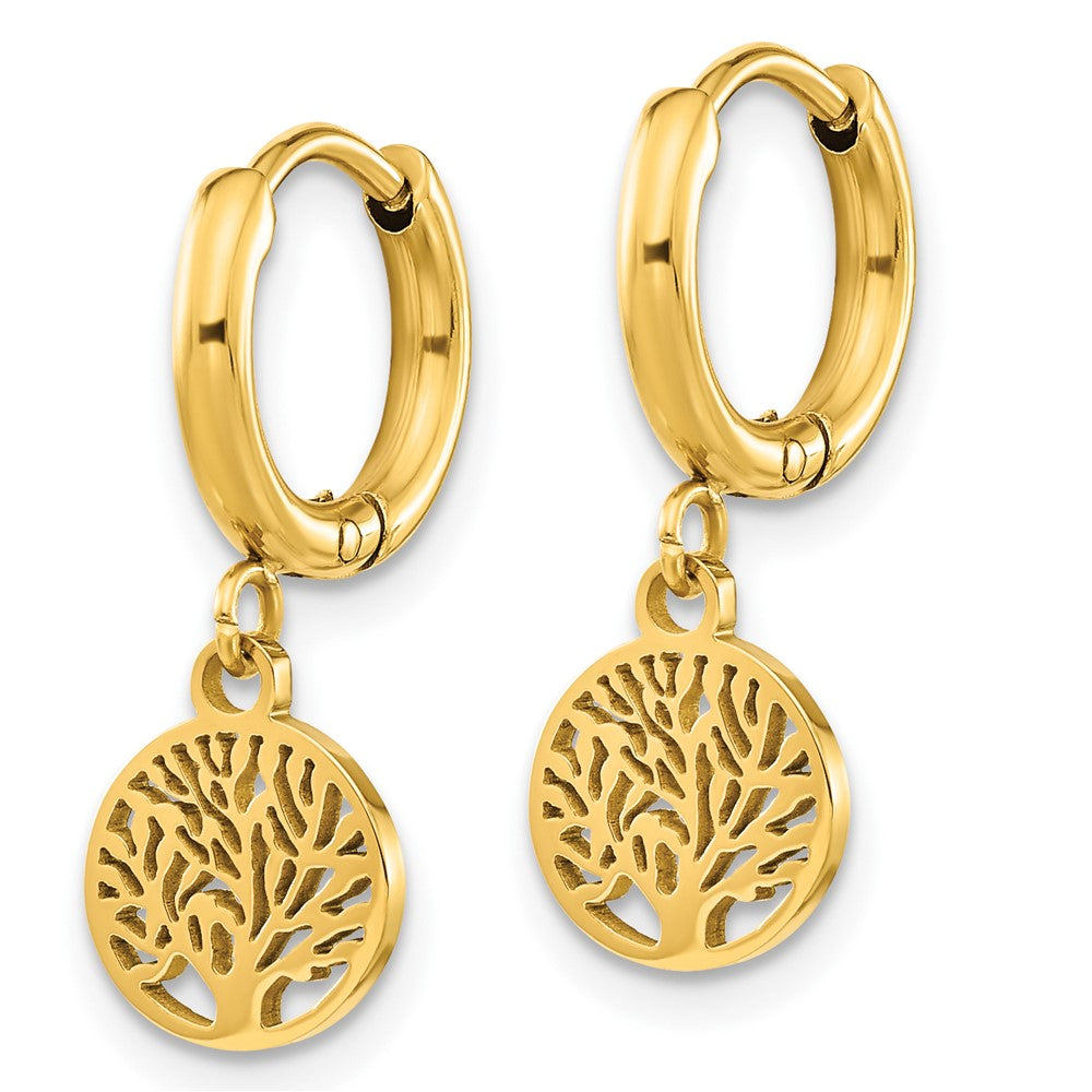 Stainless Steel Polished Yellow IP-plated Tree Dangle Hoop Earring