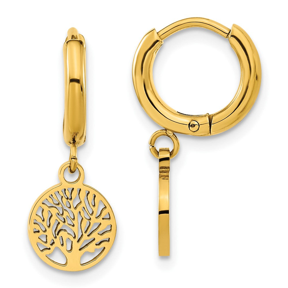 Stainless Steel Polished Yellow IP-plated Tree Dangle Hoop Earring