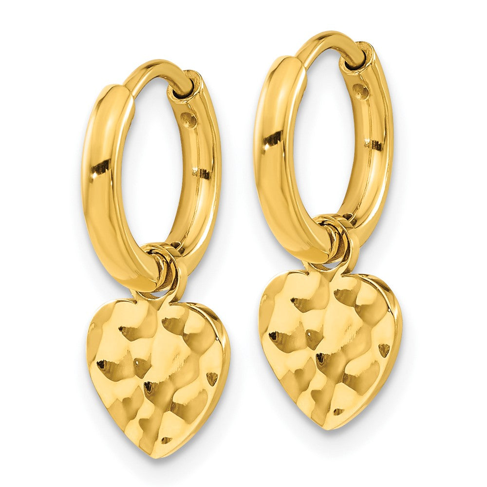 Stainless Steel Polished Hammered Yellow IP Heart Dangle Hoop Earrings