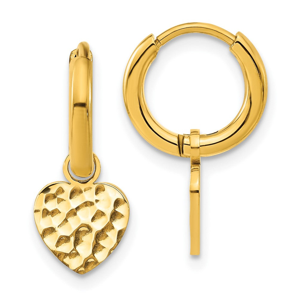 Stainless Steel Polished Hammered Yellow IP Heart Dangle Hoop Earrings