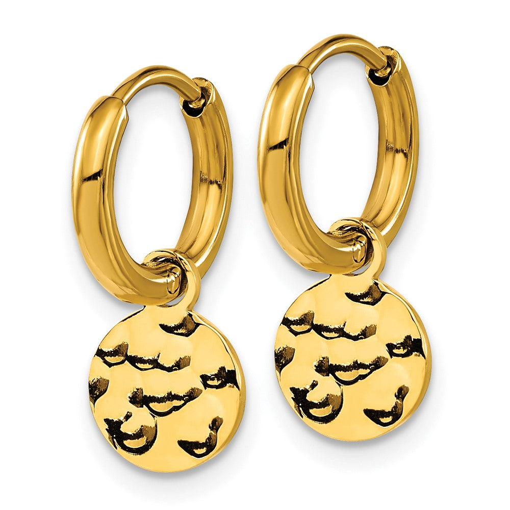 Stainless Steel Polished Hammered Yellow IP Circle Dangle Hoop Earrings