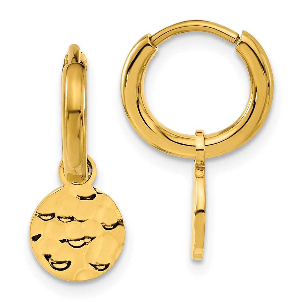 Stainless Steel Polished Hammered Yellow IP Circle Dangle Hoop Earrings