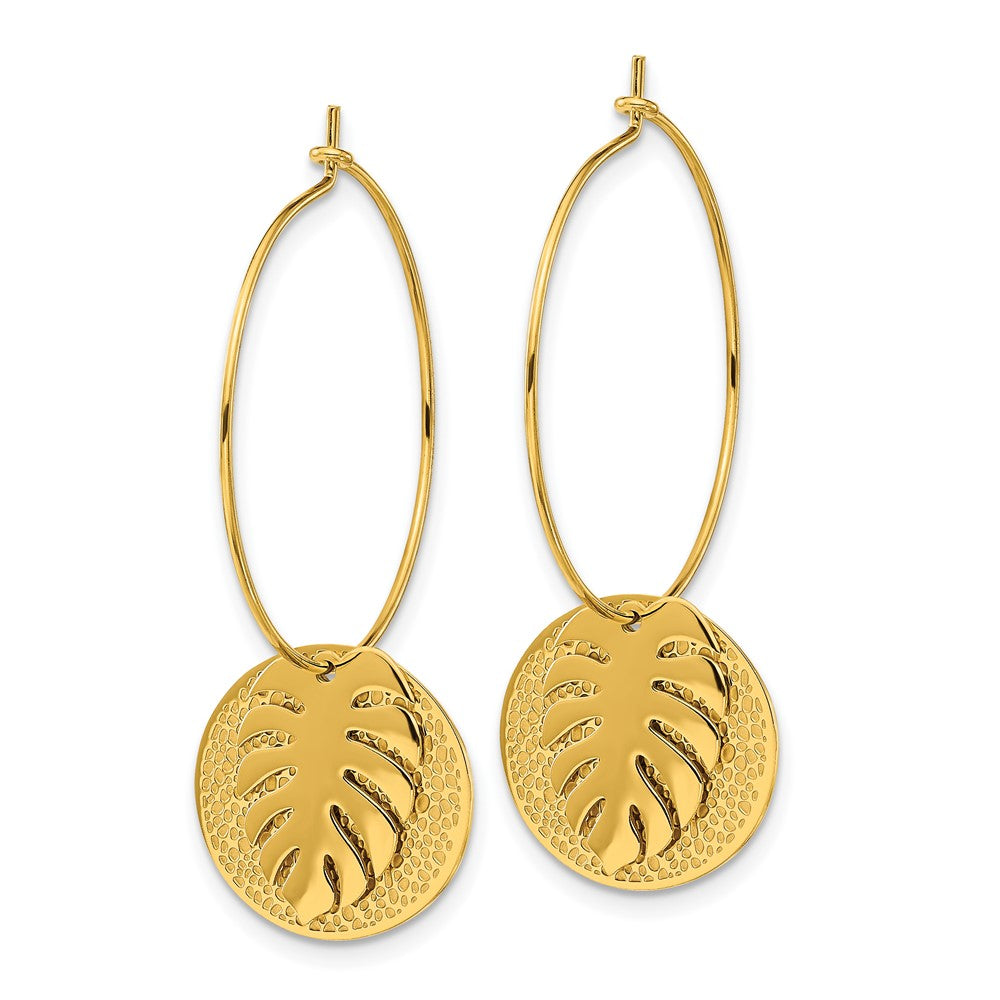 Stainless Steel Polished Textured Yellow IP Leaf Dangle Hoop Earrings