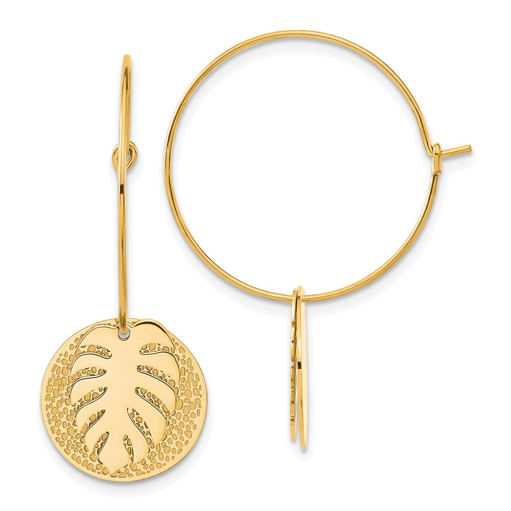 Stainless Steel Polished Textured Yellow IP Leaf Dangle Hoop Earrings