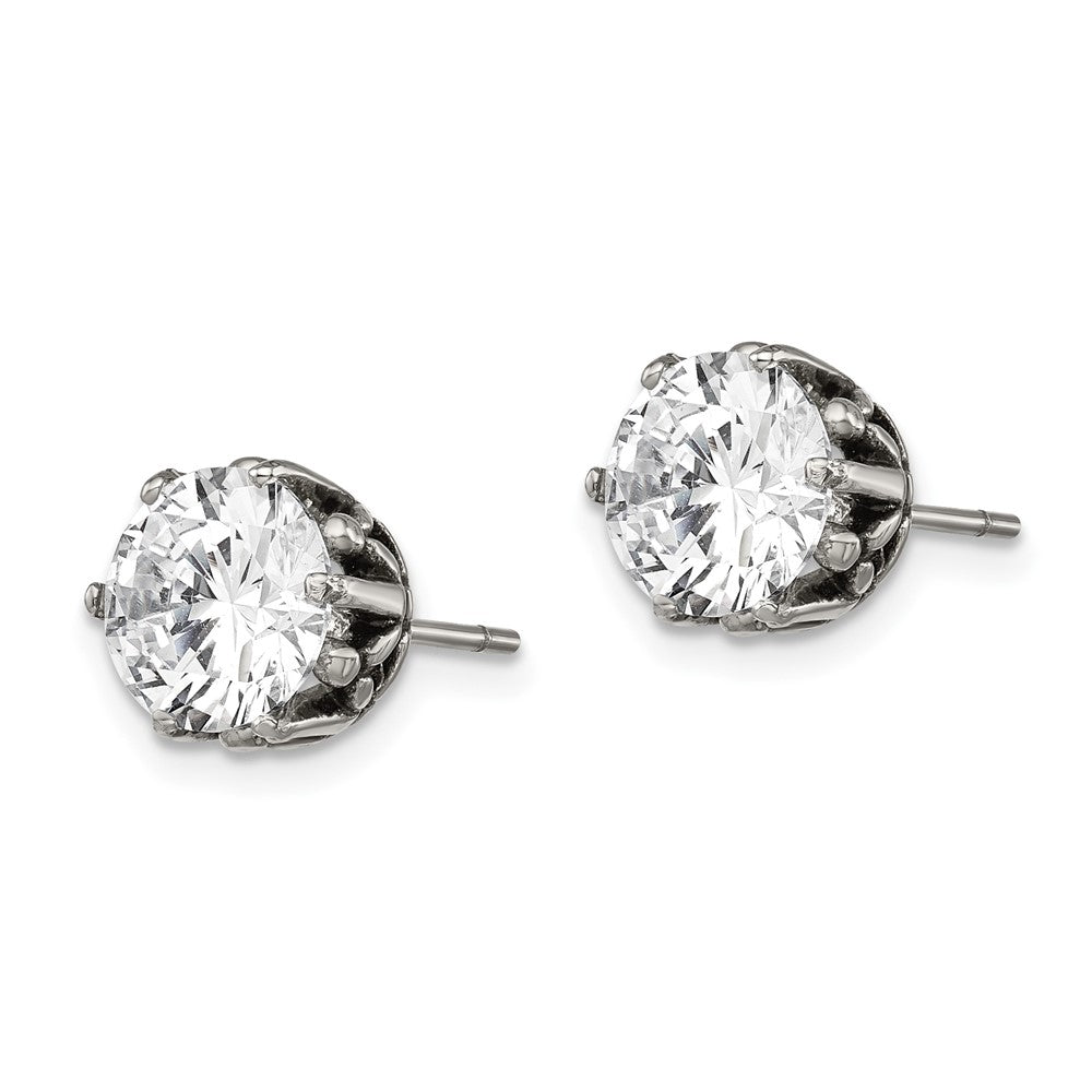 Stainless Steel Antiqued Round CZ Post Earrings