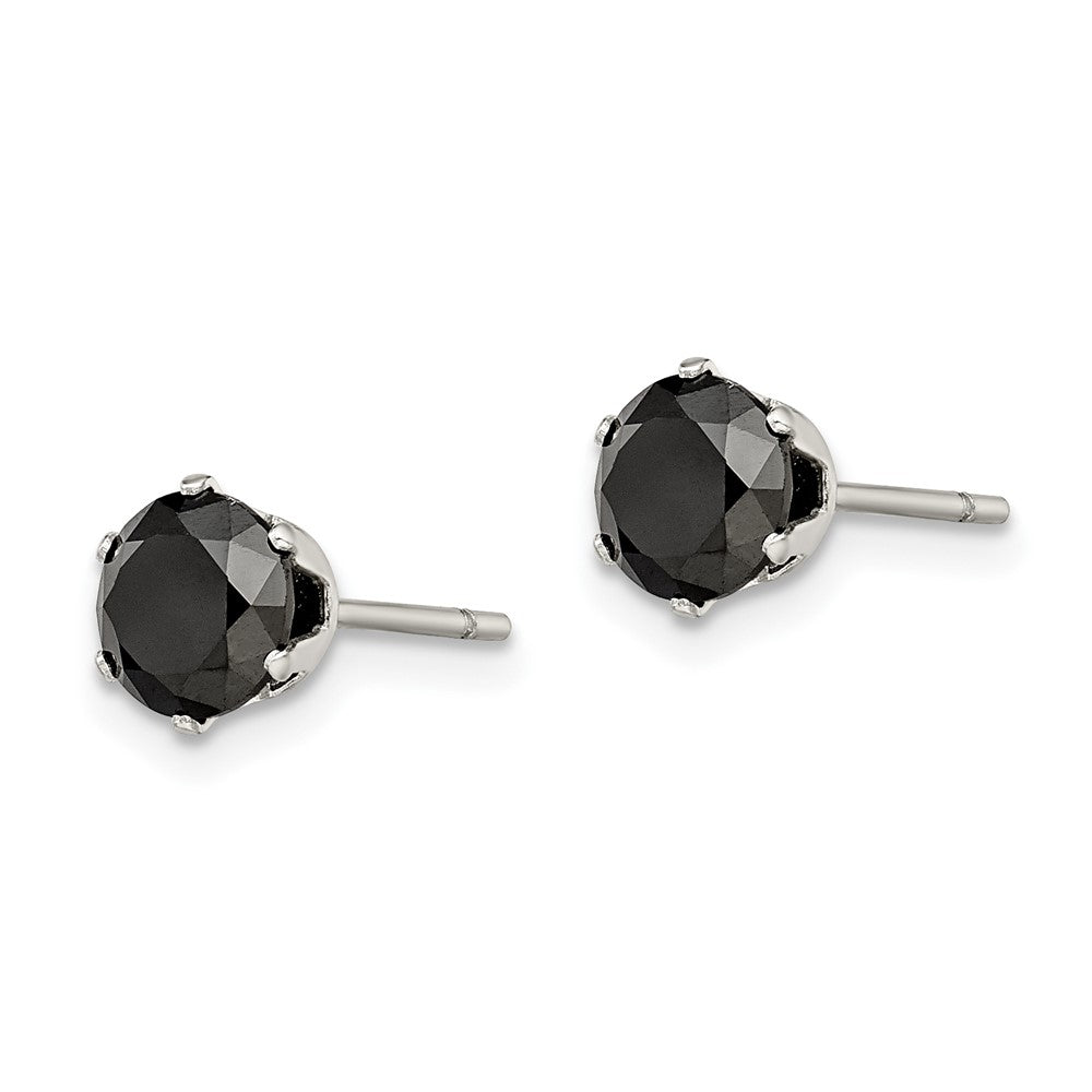 Stainless Steel Polished 6mm Black Round CZ Stud Post Earrings