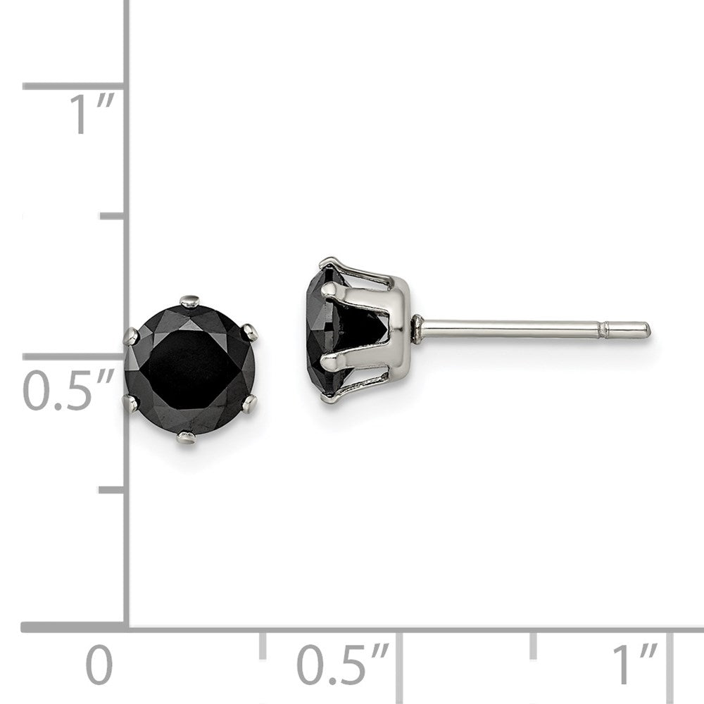 Stainless Steel Polished 6mm Black Round CZ Stud Post Earrings