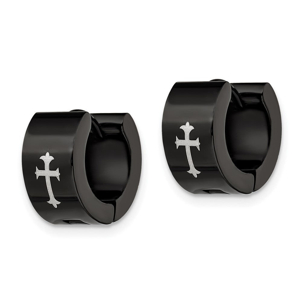 Stainless Steel Black IP-plated 7mm Hinged Hoop w/Cross Earrings