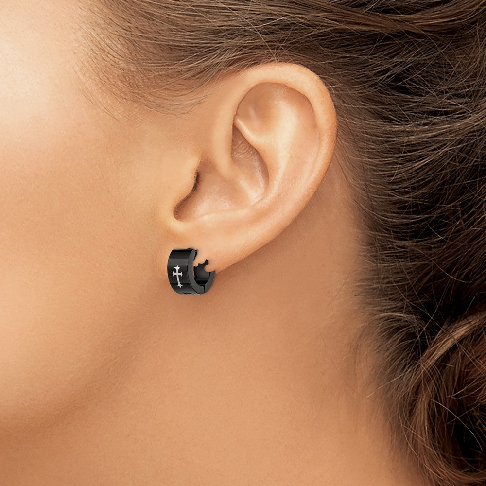 Stainless Steel Black IP-plated 7mm Hinged Hoop w/Cross Earrings