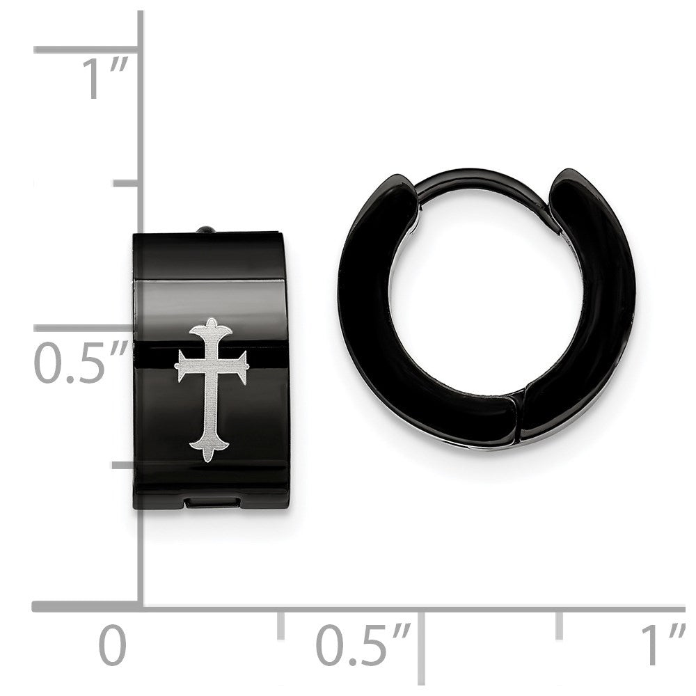 Stainless Steel Black IP-plated 7mm Hinged Hoop w/Cross Earrings