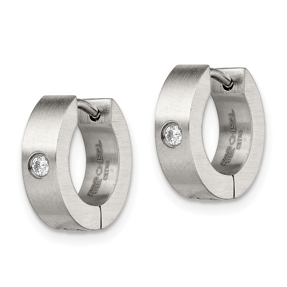 Stainless Steel Brushed w/CZ 4mm Hinged Hoop Earrings