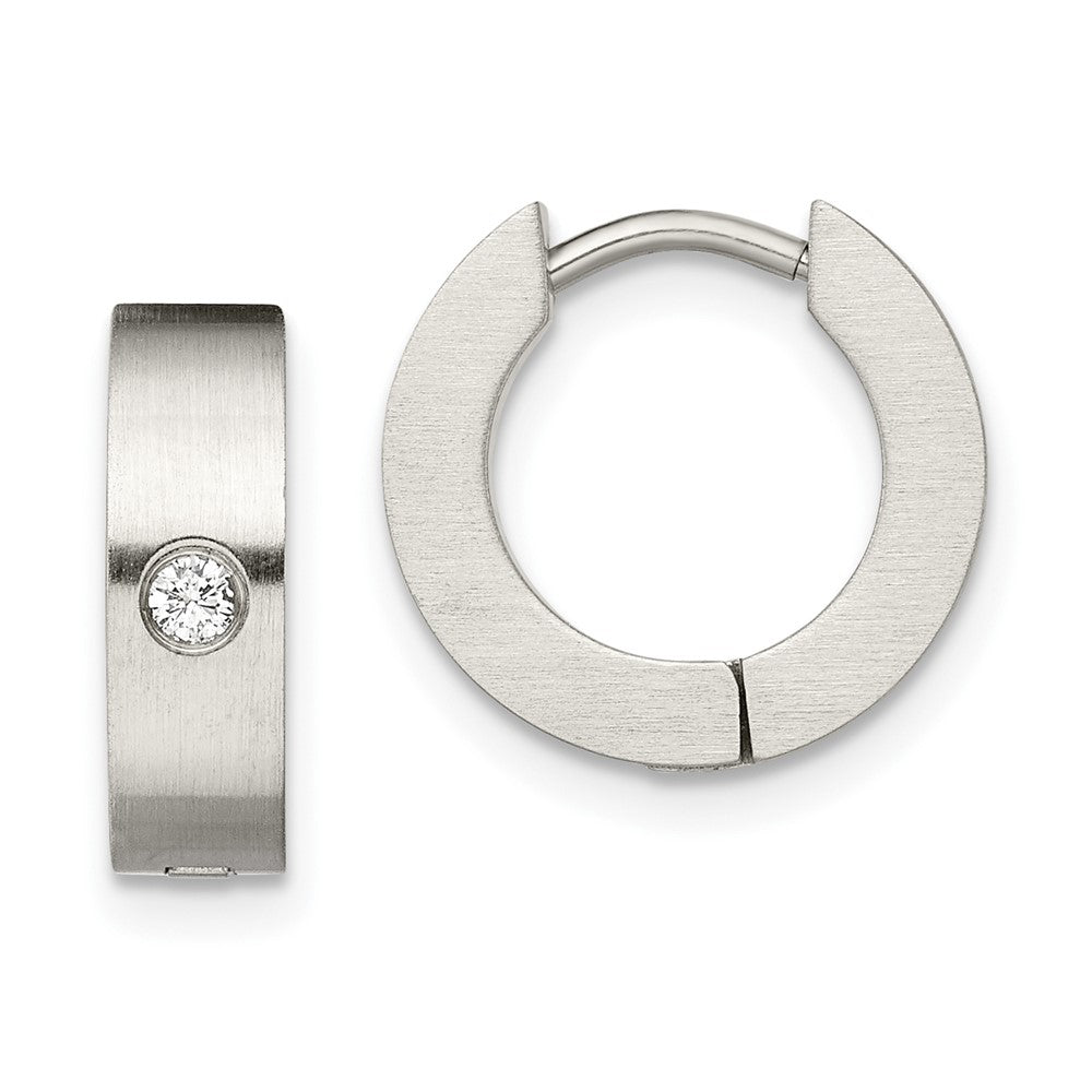 Stainless Steel Brushed w/CZ 4mm Hinged Hoop Earrings