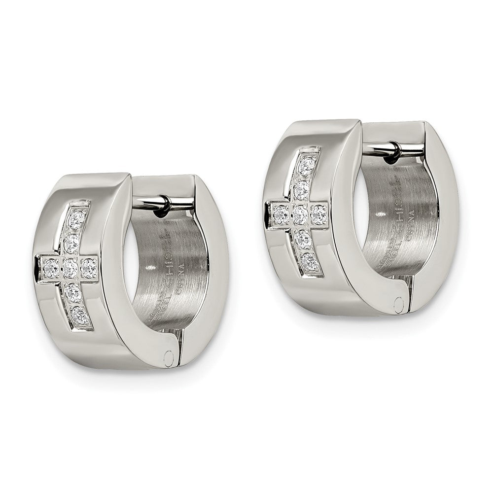 Stainless Steel Brushed and Polished w/CZ Cross 6mm Hinged Hoop Earrings