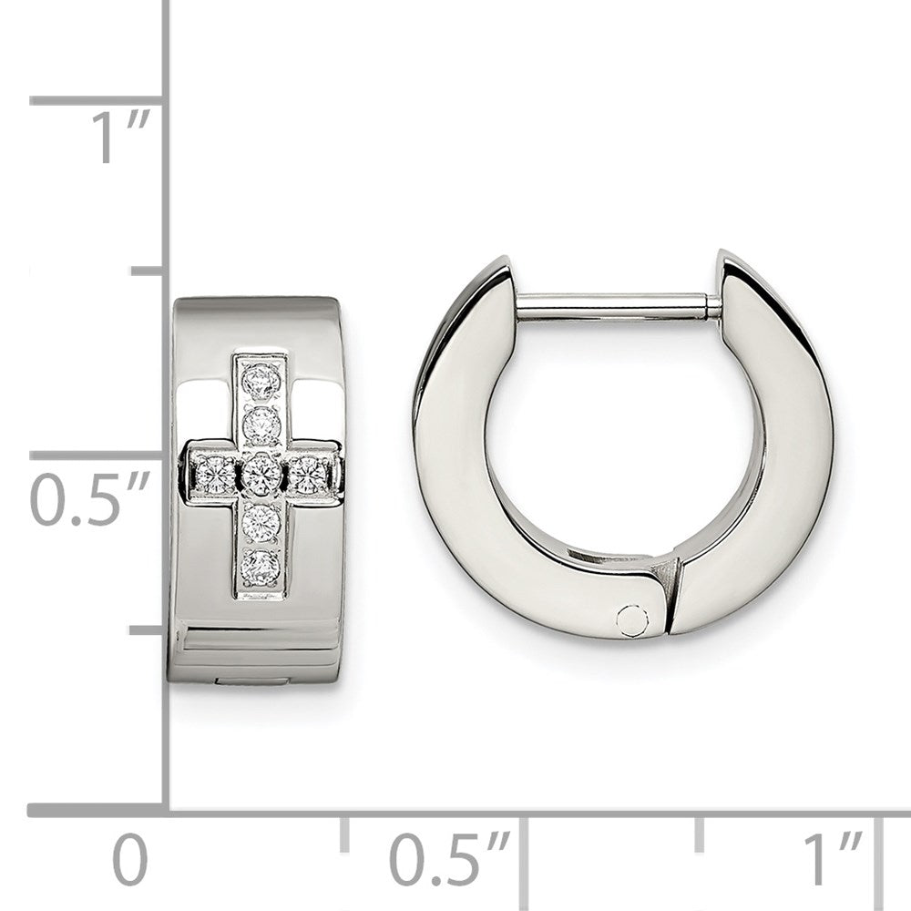 Stainless Steel Brushed and Polished w/CZ Cross 6mm Hinged Hoop Earrings