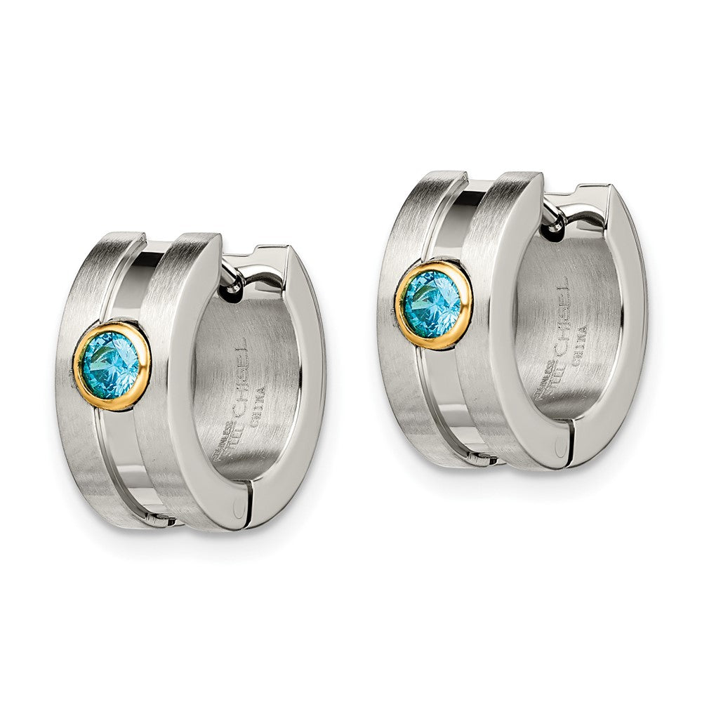 Stainless Steel Brushed/Polished Yellow IP w/Blue CZ Hinged Hoop Earrings