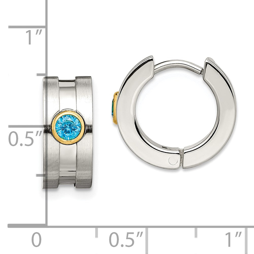 Stainless Steel Brushed/Polished Yellow IP w/Blue CZ Hinged Hoop Earrings