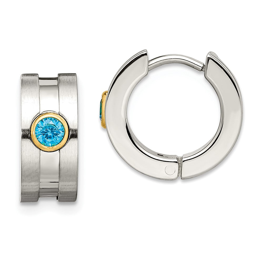 Stainless Steel Brushed/Polished Yellow IP w/Blue CZ Hinged Hoop Earrings