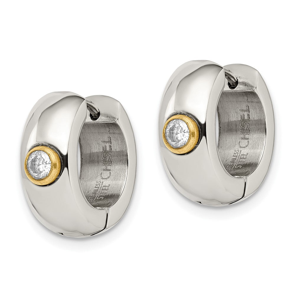 Stainless Steel Polished Yellow IP-plated w/CZ 7mm Hinged Hoop Earrings
