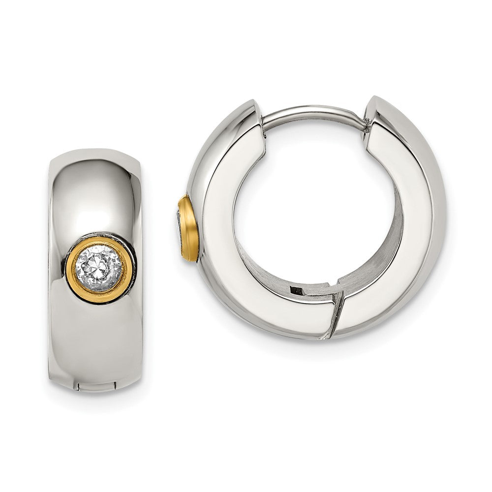 Stainless Steel Polished Yellow IP-plated w/CZ 7mm Hinged Hoop Earrings