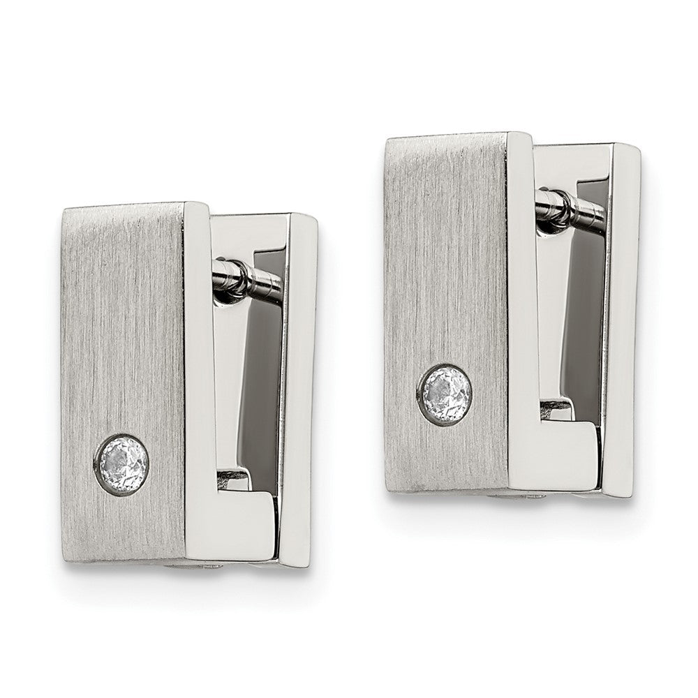 Stainless Steel Brushed & Polished w/CZ 5mm Hinged Square Hoop Earrings