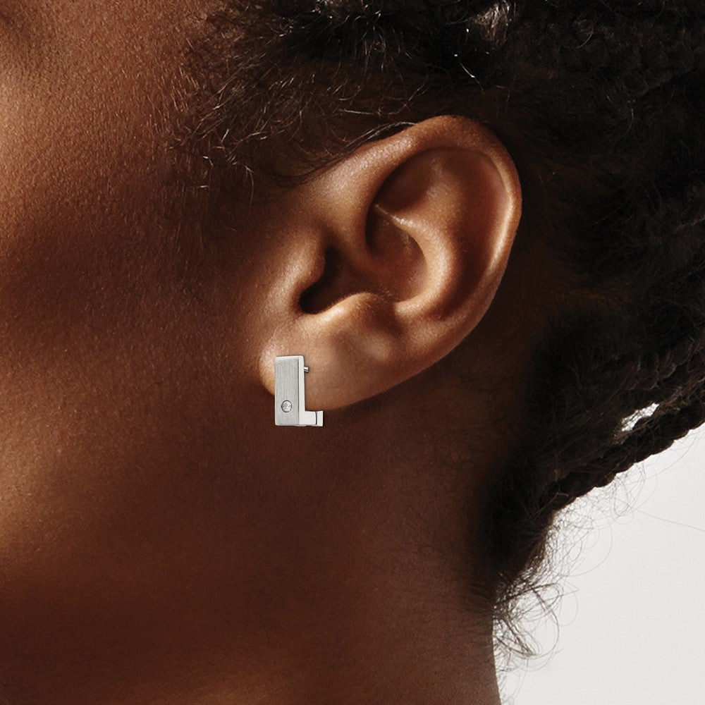 Stainless Steel Brushed & Polished w/CZ 5mm Hinged Square Hoop Earrings