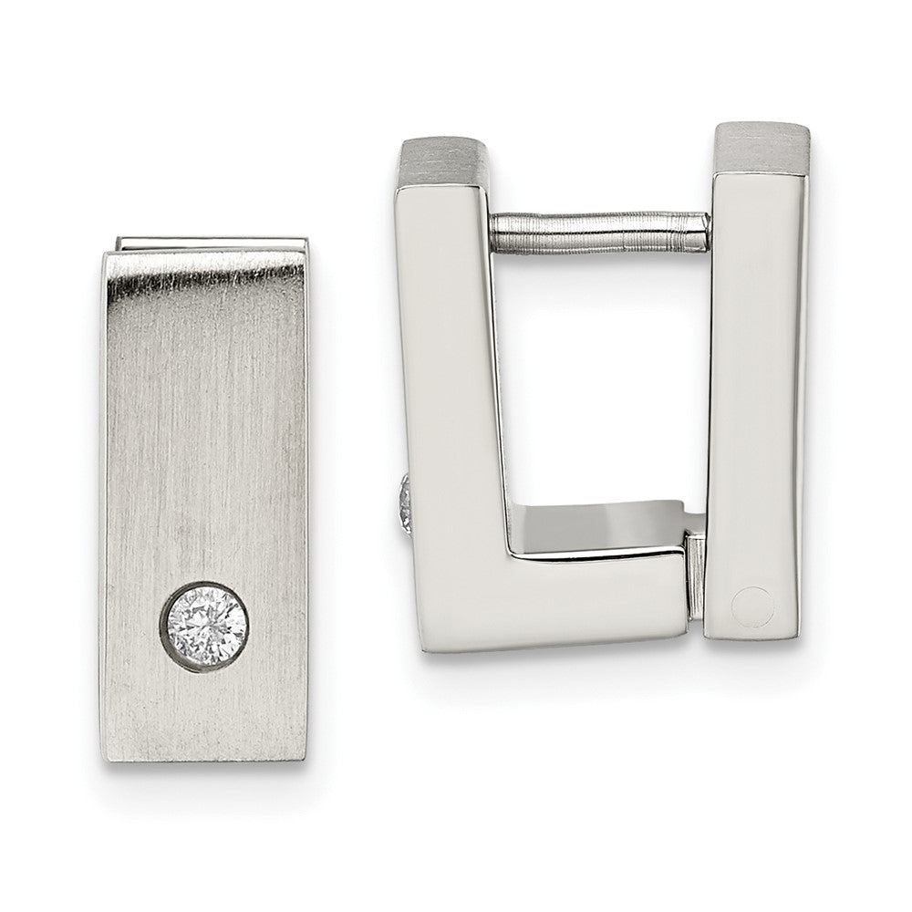 Stainless Steel Brushed & Polished w/CZ 5mm Hinged Square Hoop Earrings