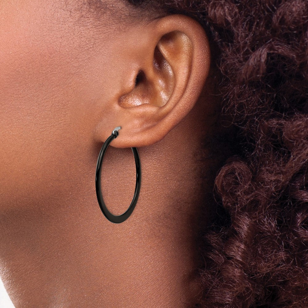 Stainless Steel Polished Black IP-plated 34mm Diameter Hoop Earrings