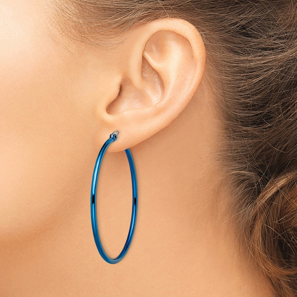 Stainless Steel Polished Blue IP-plated 49.5mm Diameter Hoop Earrings