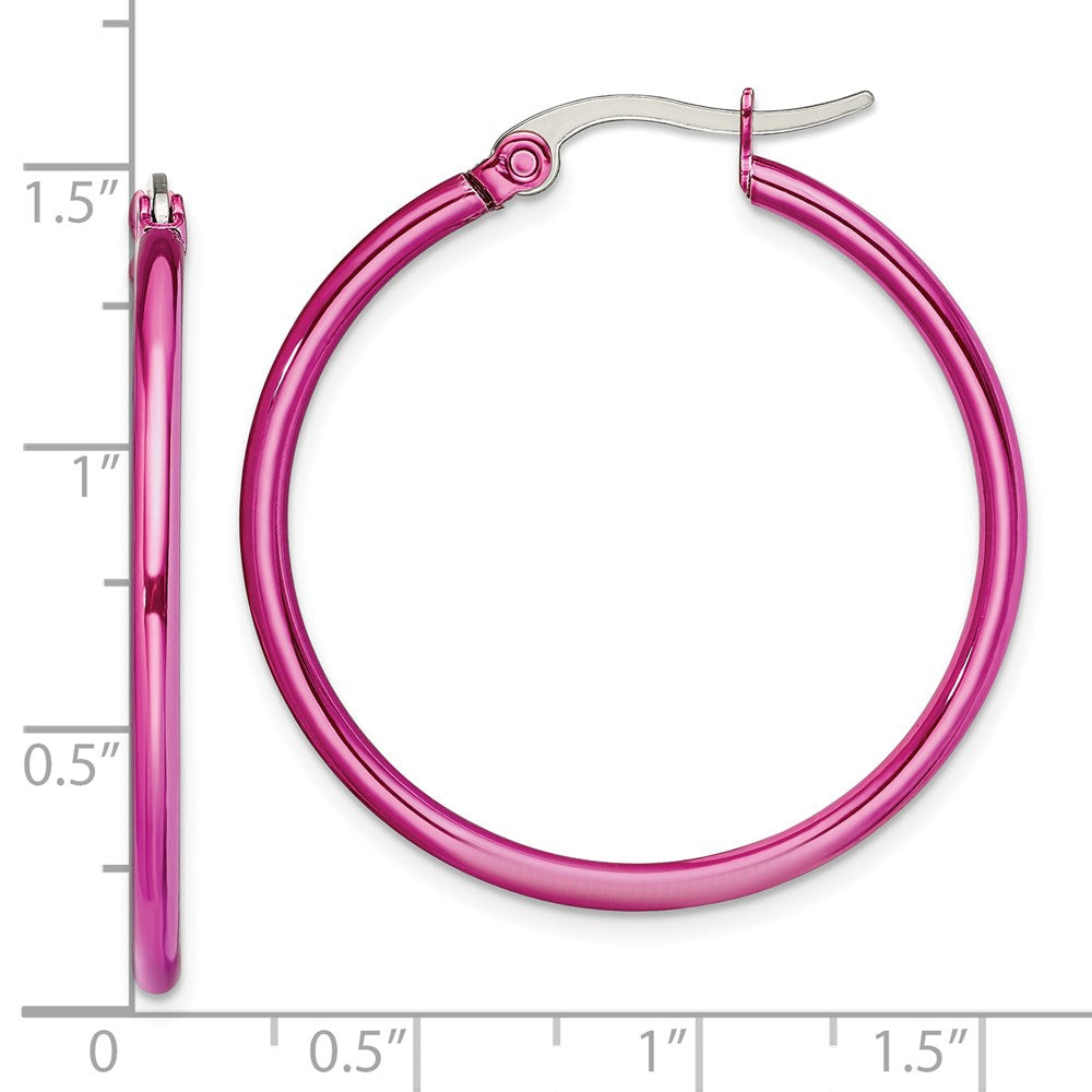 Stainless Steel Polished Pink IP-plated 32mm Diameter Hoop Earrings