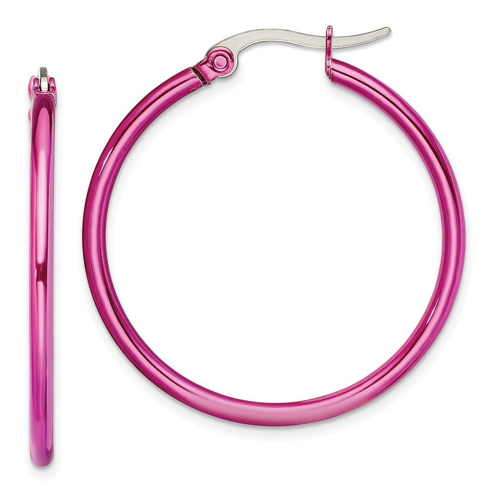Stainless Steel Polished Pink IP-plated 32mm Diameter Hoop Earrings