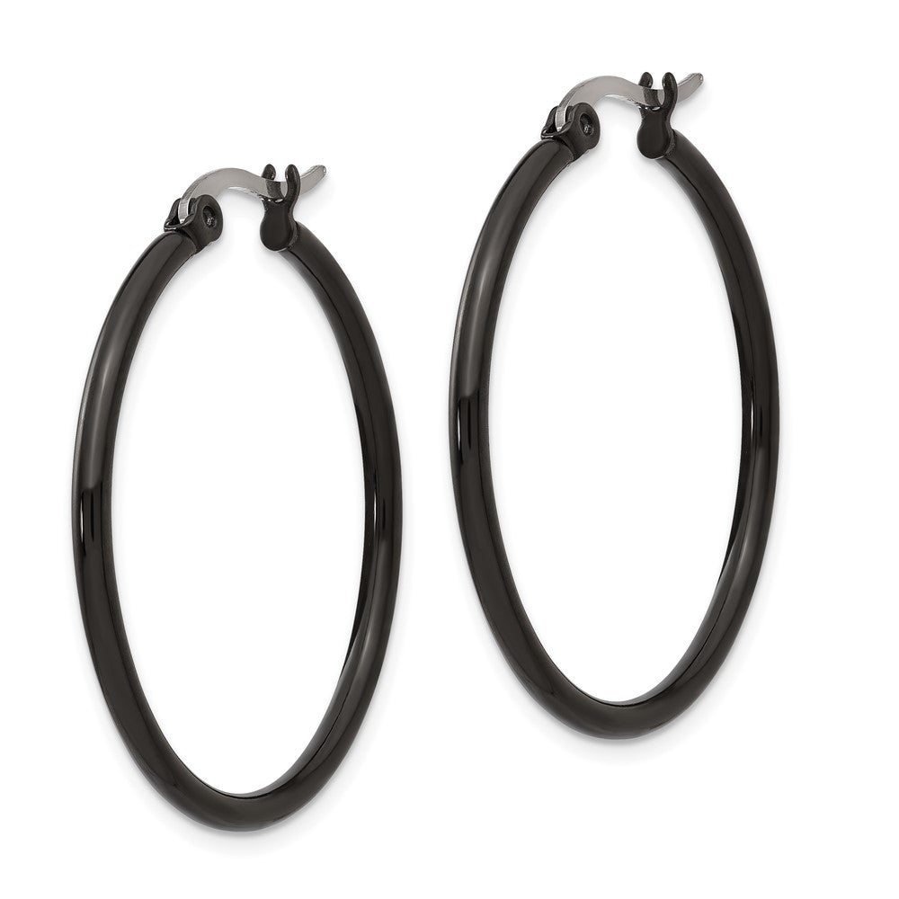 Stainless Steel Polished Black IP-plated 32mm Diameter Hoop Earrings