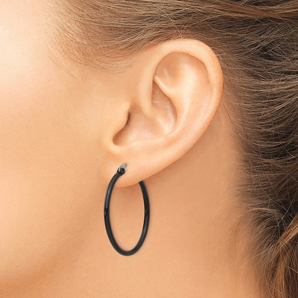 Stainless Steel Polished Black IP-plated 32mm Diameter Hoop Earrings