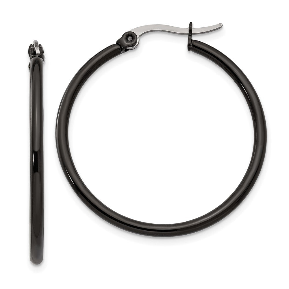 Stainless Steel Polished Black IP-plated 32mm Diameter Hoop Earrings