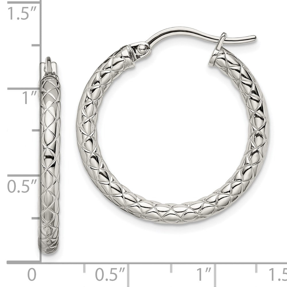 Stainless Steel Polished and Textured Hollow Hoop Earrings