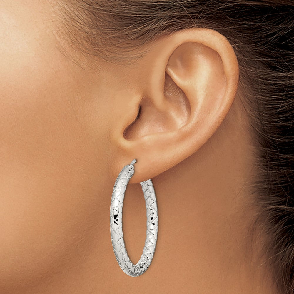 Stainless Steel Polished & Textured 30mm Diameter Hollow Hoop Earrings