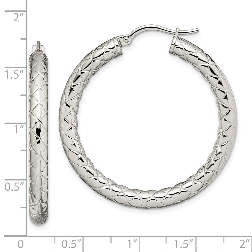 Stainless Steel Polished & Textured 30mm Diameter Hollow Hoop Earrings