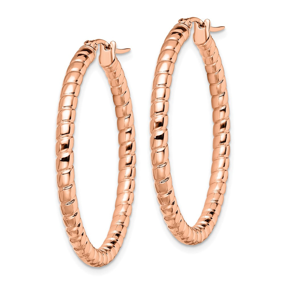 Stainless Steel Polished & Textured Rose IP-plated Hollow Hoop Earrings
