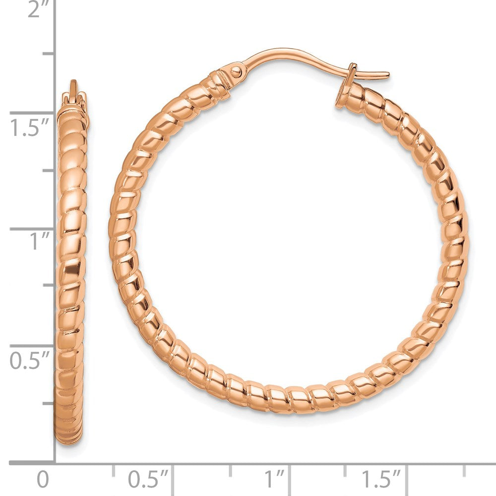 Stainless Steel Polished & Textured Rose IP-plated Hollow Hoop Earrings