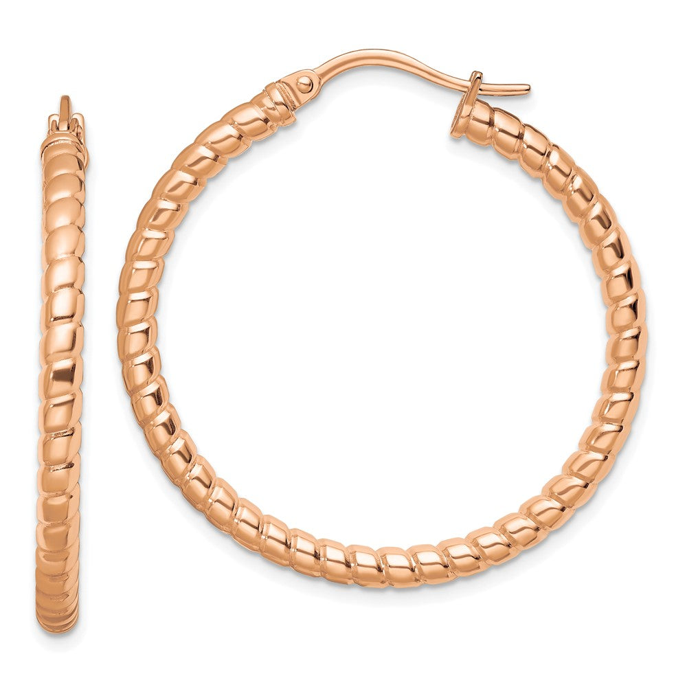 Stainless Steel Polished & Textured Rose IP-plated Hollow Hoop Earrings