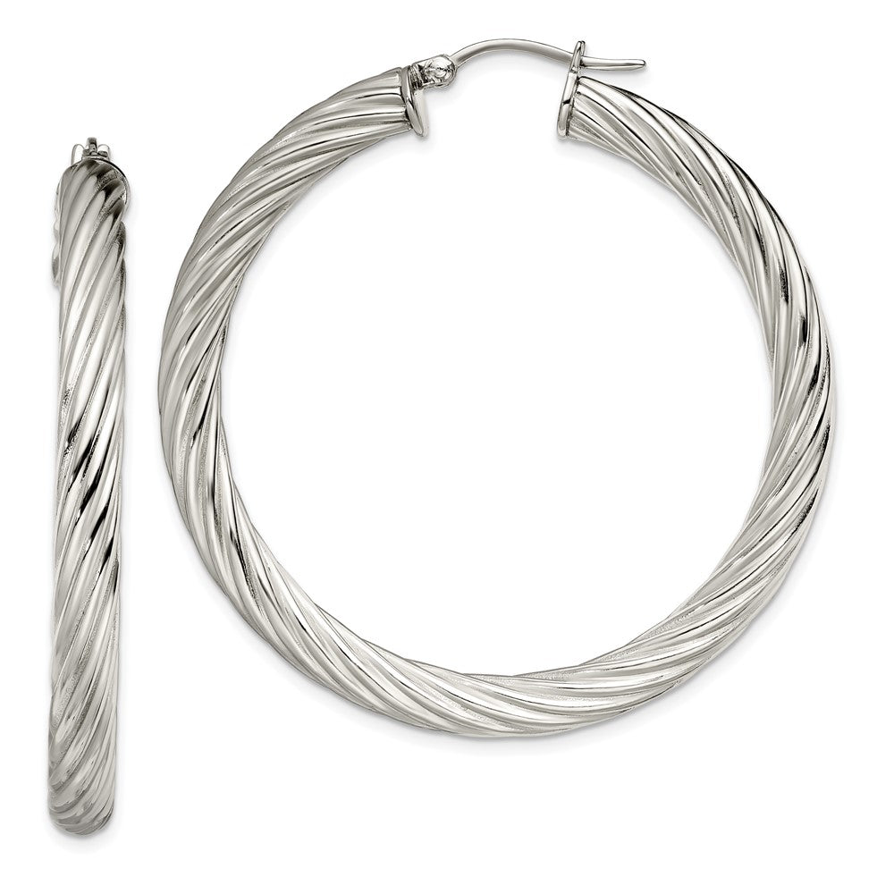 Stainless Steel Polished and Textured Hollow Hoop Earrings