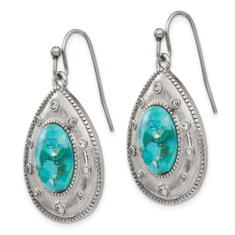 Stainless Steel Polished Imitation Turquoise and CZ Dangle Earrings