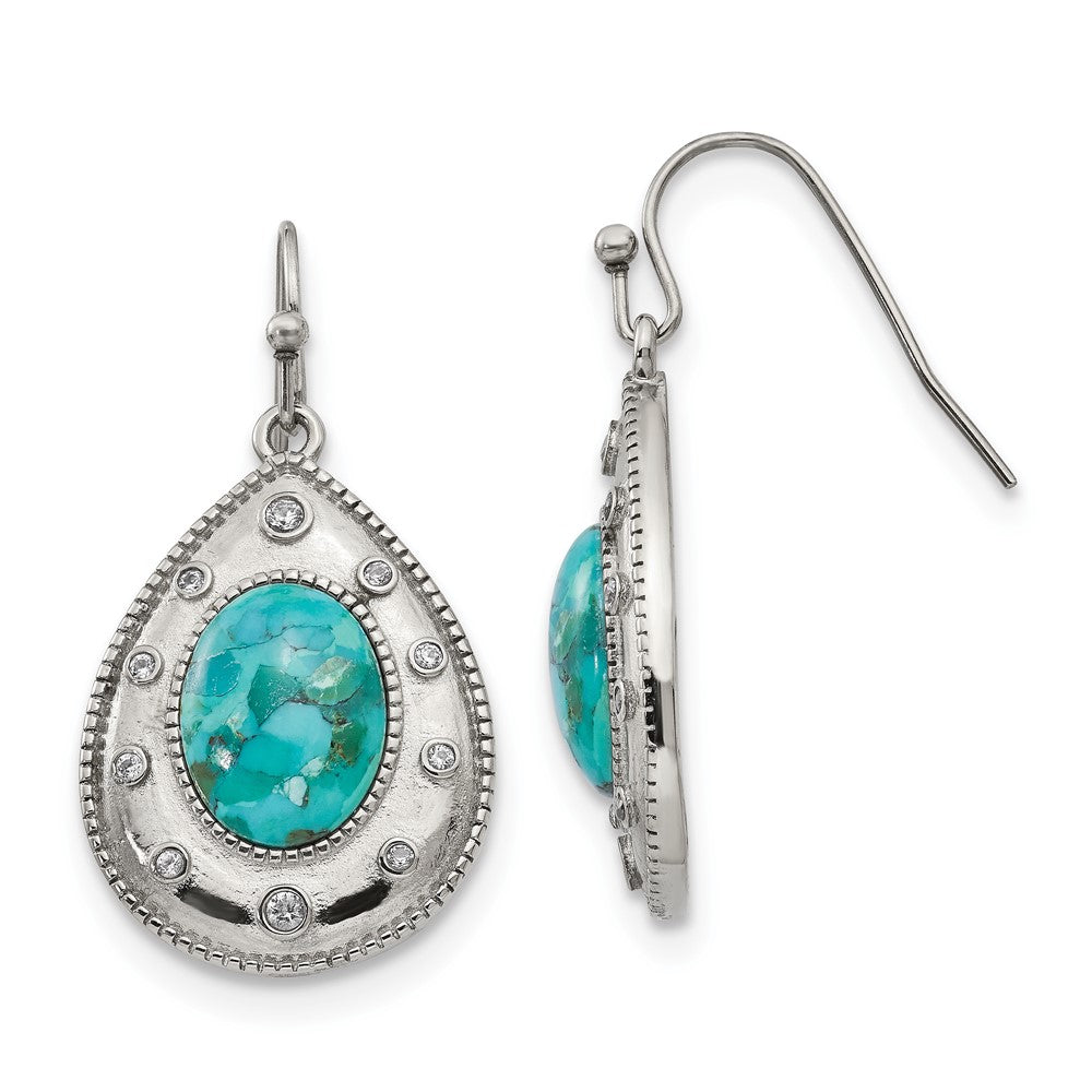 Stainless Steel Polished Imitation Turquoise and CZ Dangle Earrings