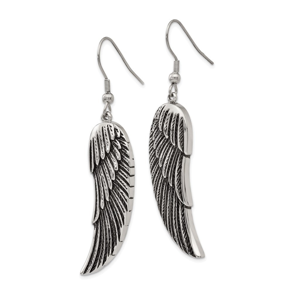 Stainless Steel Antiqued and Polished Wing Dangle Shepherd Hook Earrings