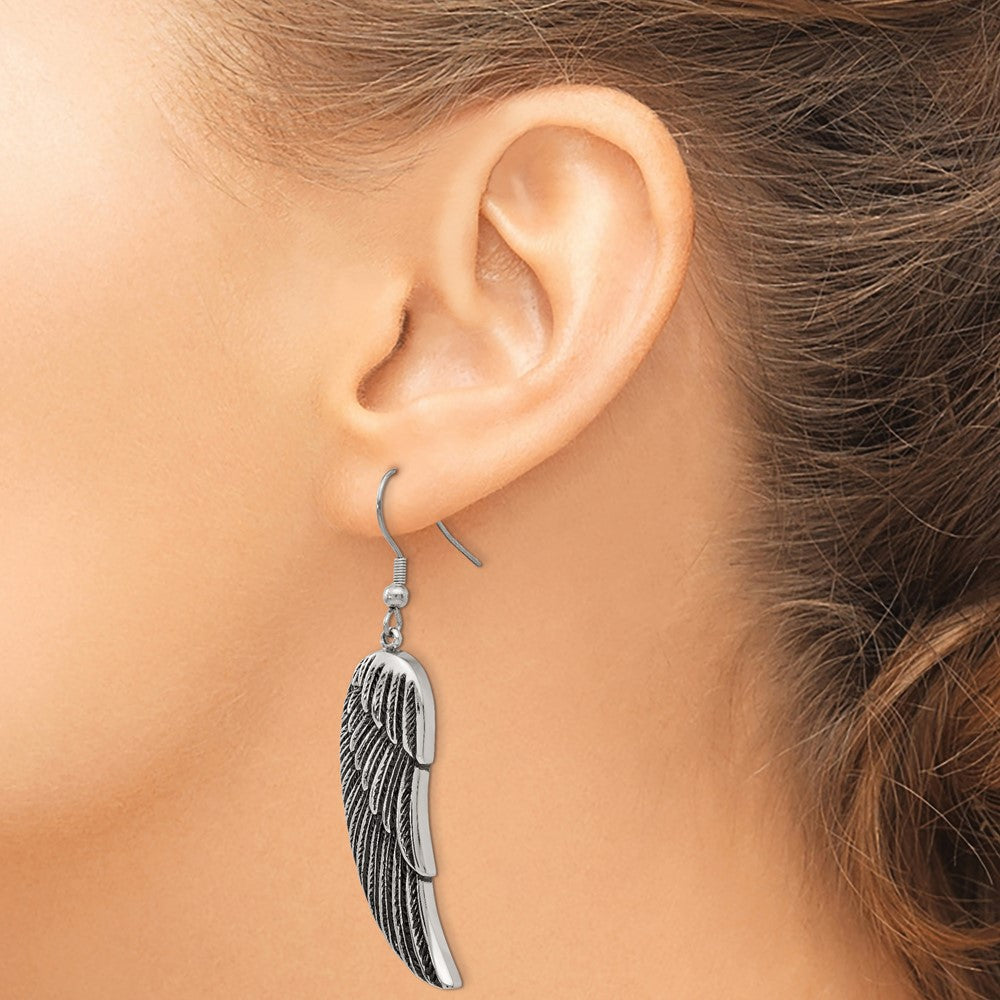 Stainless Steel Antiqued and Polished Wing Dangle Shepherd Hook Earrings