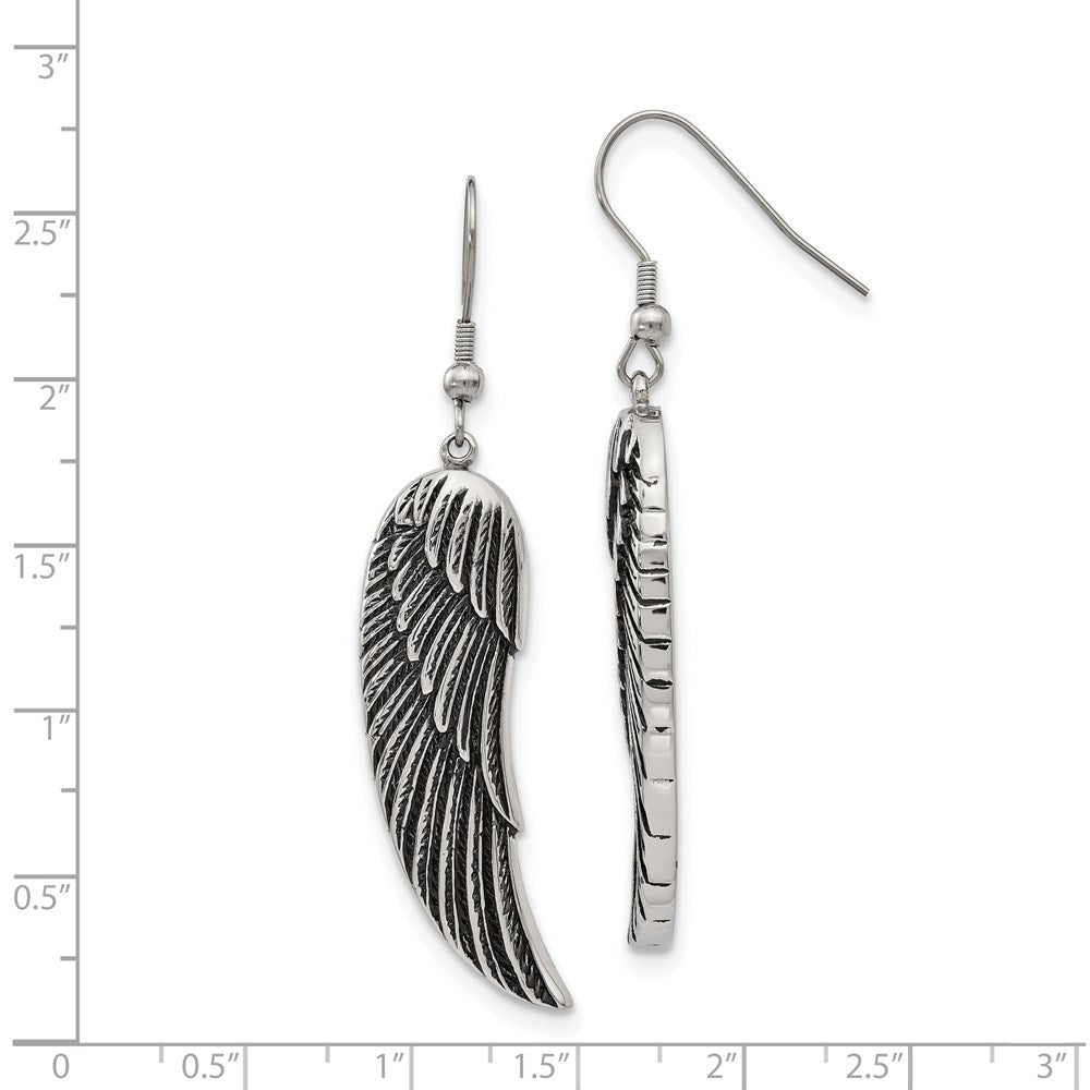 Stainless Steel Antiqued and Polished Wing Dangle Shepherd Hook Earrings