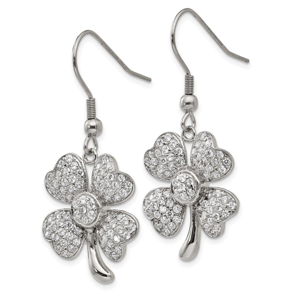 Stainless Steel Polished w/CZ 4-Leaf Clover Dangle Shepherd Hook Earrings