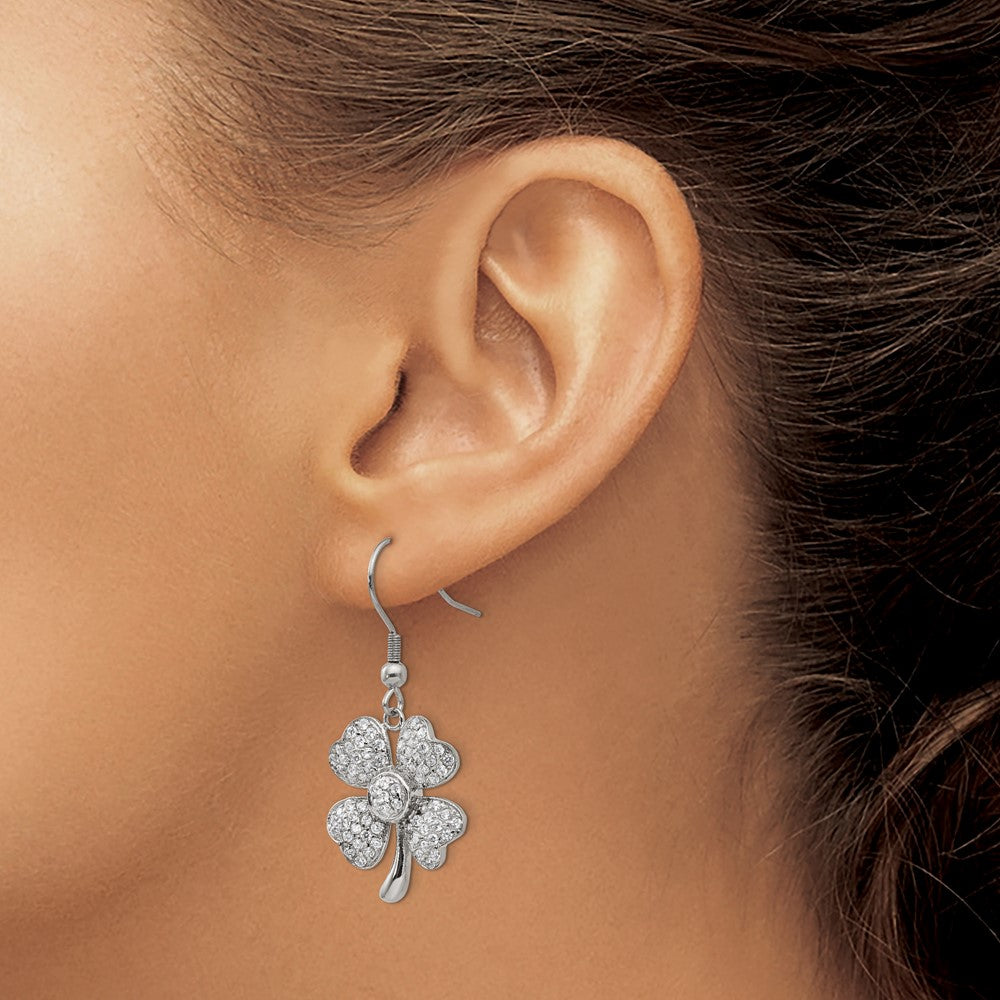 Stainless Steel Polished w/CZ 4-Leaf Clover Dangle Shepherd Hook Earrings