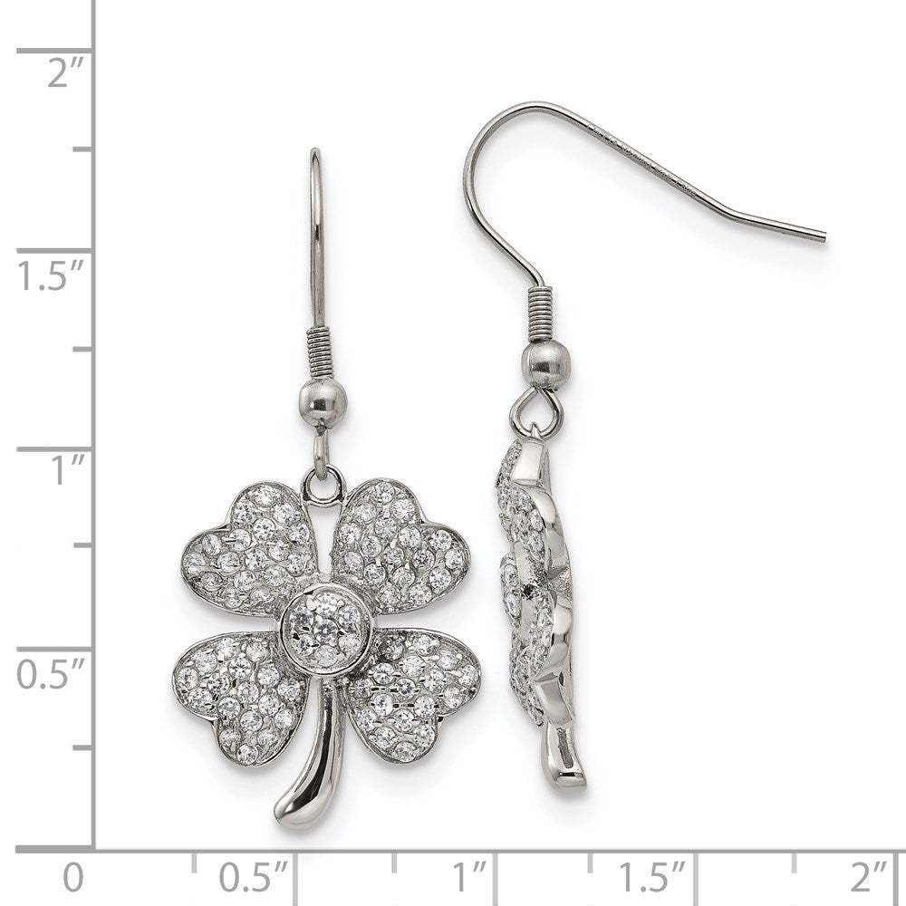 Stainless Steel Polished w/CZ 4-Leaf Clover Dangle Shepherd Hook Earrings