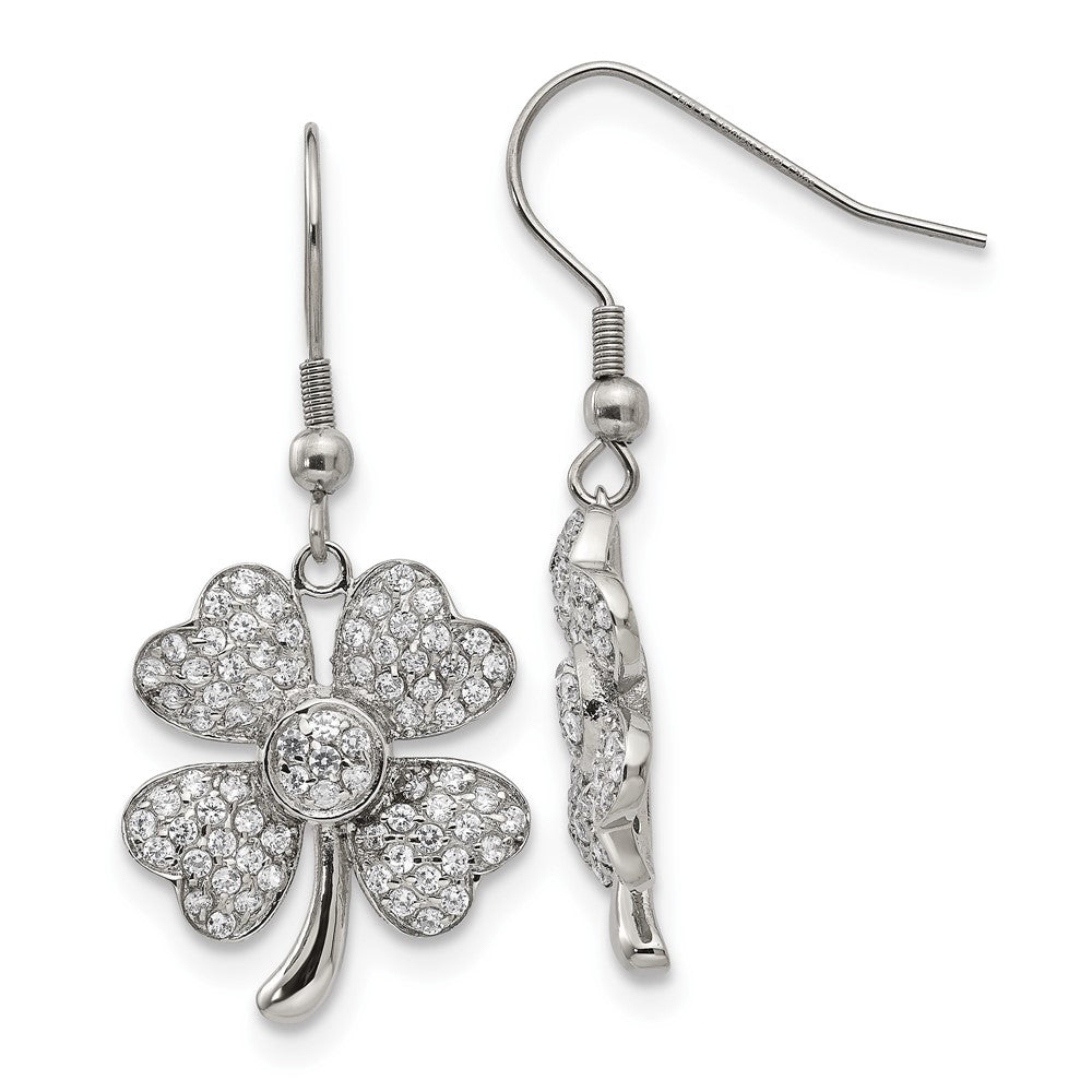 Stainless Steel Polished w/CZ 4-Leaf Clover Dangle Shepherd Hook Earrings